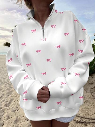 Veykashi Collegiate Style Versatile Casual Pink Bow Pattern Women Plus Size Loose Half-Zip High Neck Sweatshirt, Suitable For Autumn/Winter, Autumn Women Sweatshirt, White Sweatshirt Cute Sweatshirt Cute Shirt For Women Sweatshirts Women Sweatshirt
