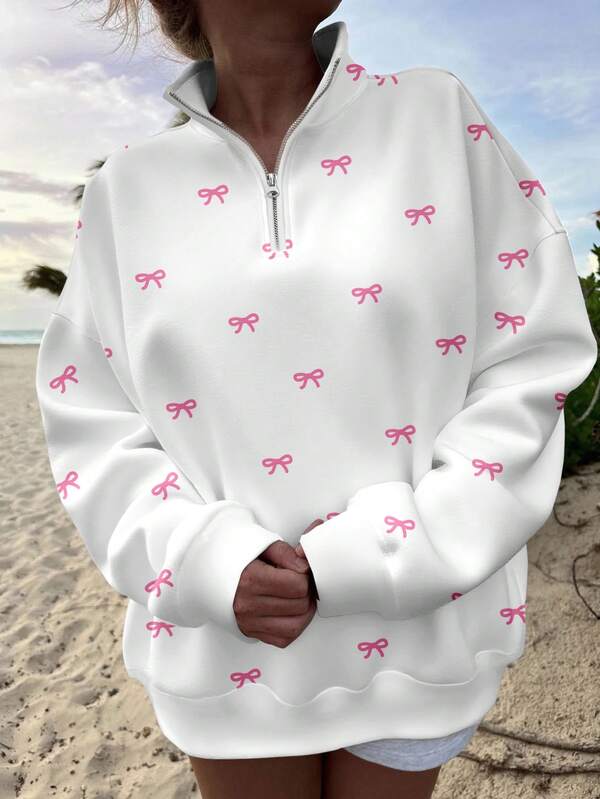 Veykashi Collegiate Style Versatile Casual Pink Bow Pattern Women Plus Size Loose Half-Zip High Neck Hoodie, Suitable For Autumn/Winter, Autumn Women Sweatshirt, White Hoodie Cute Sweatshirt Cute Shirt For Women Women Sweatshirts Women Sweatshirt