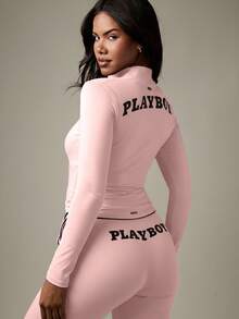 Missguided x Playboy Zip Up Athletic Jacket With Contrast Trim Drawstring Fitted Activewear Exercise Running Fitness Outerwear - Baby Pink - View 2