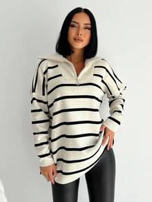 EURMUSE Striped Pattern Quarter Zip Drop Shoulder Sweater - Beige - View 4