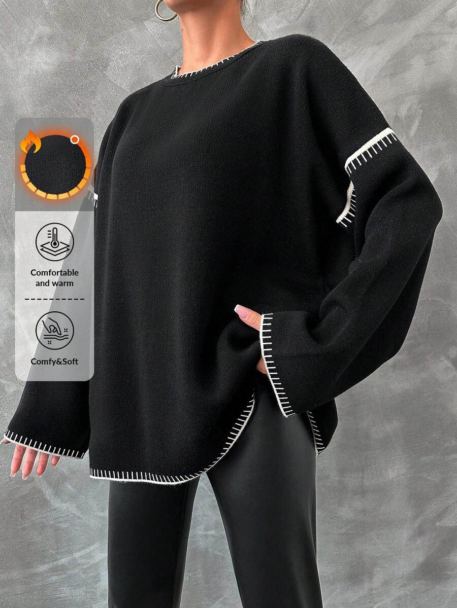 EURMUSE Contrast Trim Drop Shoulder Sweater - Black - View 1