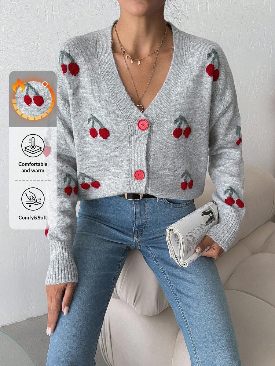 EURMUSE Cherry Pattern Cardigan, Casual Style, Spring/Fall Season - Light Grey - View 1