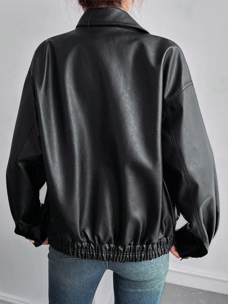 Women's Casual Solid Color PU Blazer Jacket, Autumn Leather Jacket