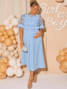 Loomaby 2pcs Maternity Elegant Party Floral Mesh Overlay Top And Dress Set - Blue - View 5