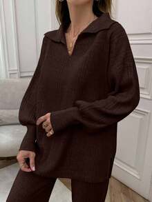 EURMUSE Rib Pattern Polo Neck Sweater And Pant 2pcs Set - Brown - View 8