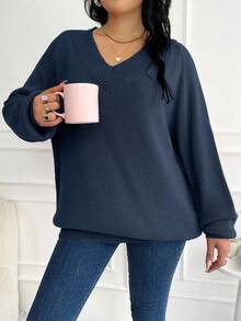 EURMUSE Plus Size Solid V-Neck Casual Pullover Long Sleeve Sweater - Navy Blue - View 4