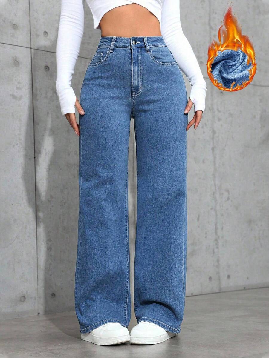 SHEIN ICON 秋冬高腰直筒休闲牛仔裤 - 中等水洗藍 - 查看 1