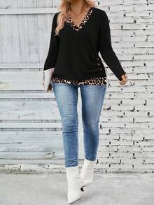 EMERY ROSE 女士秋冬新品豹纹拼布领口和下摆长袖休闲大码T恤 - 彩色 - 查看 6