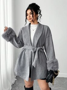 SHEIN Elenzya 大码女士优雅长袖流苏系带外套，秋冬款 - 灰色 - 查看 6