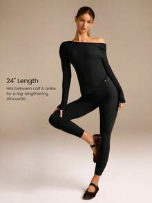 GLOWMODE FeatherFit™ PulseFit 柔软弹力吸汗修身长袖上衣和紧身裤套装低冲击瑜伽普拉提工作室日常运动服 - 黑色 - 查看 6