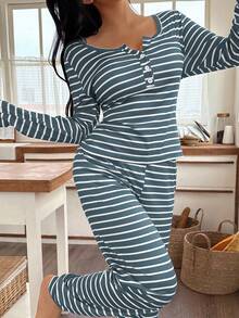 SHEIN 前开襟按扣休闲条纹印花长袖上衣和裤子女士睡衣套装，秋冬服装 - 藍色 - 查看 4