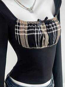 Elamini Camiseta ajustada de manga larga con cuello cuadrado, volantes a cuadros, parches y lazo decorativo para mujer - Multicolor - Ver 6