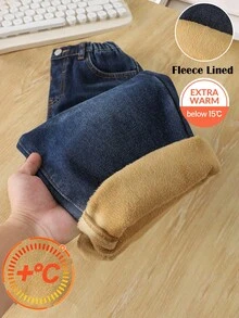 SHEIN Pantalon en jean bleu marine confortable et ample, doublé de thermique, pour garçons. Idéal pour l'automne/hiver, le port quotidien, les tenues de rue, Halloween, Noël. Jeans d'hiver, jeans pour tout-petits, jeans chauds - Jean brut - Voir 1