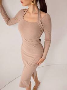 Modelyn Autumn/Winter Crossover Tie Neck Knit Fitted Midi Dress, Khaki Color, Elegant & Fashionable
