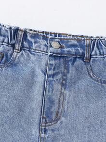 SHEIN Teen Girl Sweet & Cool Street Fashion Casual College Style Vacation Pink Heart & English Print Side Pockets Design Cargo Pants, Elastic Waist Wide Leg Jeans, Suitable For Home, Daily Wear, Dates, Shopping, Leisure Activities, Hangouts With Friends - Light Wash - View 5