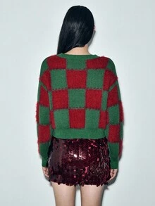 Lumivelle Suéter de malha feminino com estampa, estilo natalino, solto, contraste de cores, moda outono/inverno 2025 - Verde - Ver 2