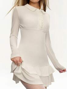 INAWLY 1pc Women's Solid Color Ruffle Hem Long Sleeve Dress, Minimalist - White - View 4