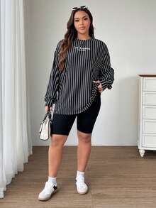 SHEIN EZwear Plus Size Women Letter Embroidery Striped Casual Long Sleeve T-Shirt Dress, Basic Loose Fit Plus Size Tee Top For Daily Commute, Sports, Campus