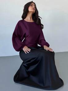 Firerie Áo cánh dơi cổ tròn tay dài phong cách thanh lịch, lãng mạn, giản dị, đi làm trong thành thị dành cho nữ, thời trang đa năng, phù hợp cho giáo viên, mùa thu - Màu tím - Xem 6