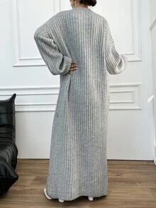 EURMUSE Round Neck Drop Shoulder Solid Color Knitted Sweater Dress - Grey - View 2