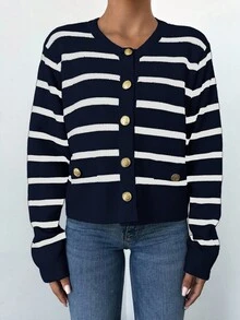 EURMUSE 女式条纹印花长袖纽扣装饰休闲开衫，秋冬 - 藏蓝色 - 查看 3