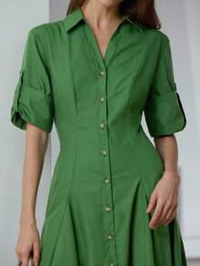 Aveloria Modichic Váy midi xòe một hàng khuy, chất lượng cao, có cổ, thắt eo - màu xanh lá - Xem 2