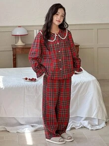 DAZY 青少年女孩休闲家居服睡衣，秋季 - 紅色 - 查看 2