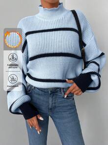 EURMUSE Women Stand Collar Striped Batwing Long Sleeve Loose Casual Sweater,Jumper,Cream Jumper,Jumpers,Black Jumper,Womens Jumper,White Jumper,Women's Jumper,Women's Jumpers,Winter Clothes - Baby Blue - View 1