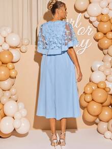 Loomaby 2pcs Maternity Elegant Party Floral Mesh Overlay Top And Dress Set - Blue - View 2