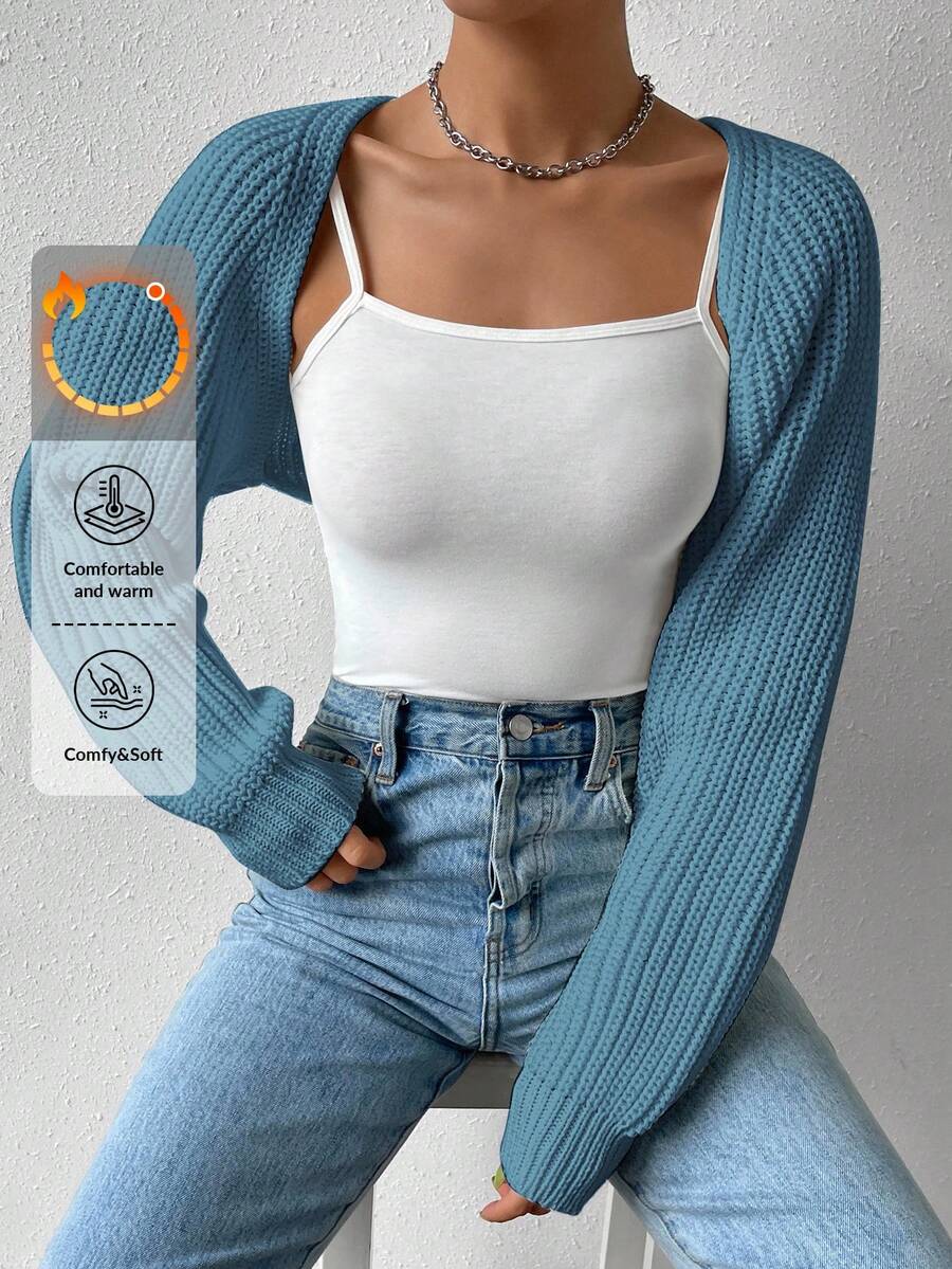 EURMUSE Women's Casual Solid Color Cropped Cardigan - Mint Blue - View 1