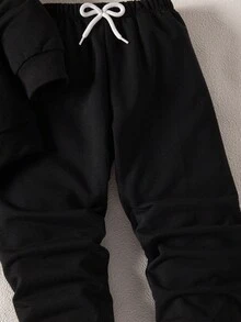 SHEIN 2pcs Young Boy Contrast Color Round Neck Long Sleeve Pocket Sweatshirt And Sweatpants Casual Suit, Autumn - Black - View 7