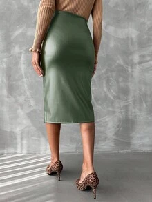 EURMUSE Women Casual Slit Hem A-Line Skirt, Suitable For Autumn - Olive Green - View 2