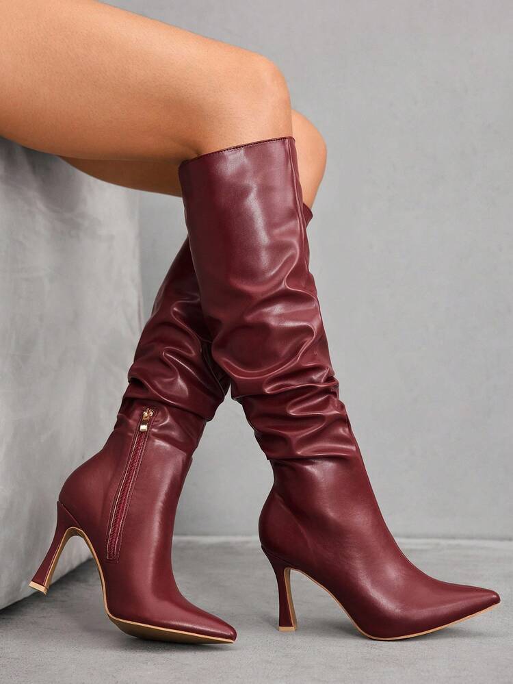 CUCCOO SZL Women's Pointed Toe Stiletto Heel Burgundy Wrinkled Glamorous Sexy Knee-High Boots, Suitable For Nightclub, Party, Gathering For Christmas Spring Shoes