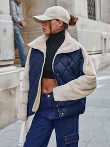 SHEIN Padded Jacket With Fur Collar And Patchwork, Two Pockets At Front, Snap Buttons, Quilting Details - Navy Blue - View 3