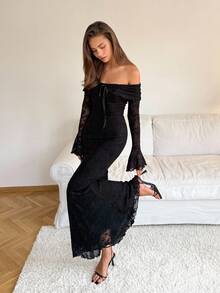 SHEIN Tall Women Off Shoulder Long Sleeve Front Tie Bodycon Dress,Black,Autumn,Elegant,Dinner Date New Year Party Formal Black Corset Lace Maxi Long Dress, Tall Women - Black - View 3