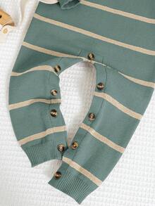 SHEIN Bộ đồ liền thân tay dài cổ polo kẻ sọc thời trang cho bé trai/bé gái mới sinh, phù hợp cho mùa thu/đông, trẻ mẫu giáo - màu xanh lá - Xem 3