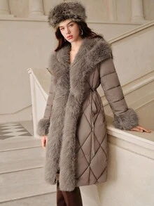 Savoree Women's Luxury Detachable Faux Fur Collar Cinched Waist Thick Long Coat