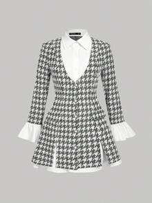 SHEIN MOD Đầm blazer dài tay bồng họa tiết răng cưa 2 trong 1 dành cho nữ cỡ lớn, thích hợp cho dịp năm mới, công sở, thanh lịch, sinh viên đại học. - Đen và trắng - Xem 5