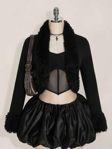 SHEIN ICON Plus Size Solid Fuzzy Trim Open Front Crop Fall Clothes Women Jacket/ Winter - Black - View 1
