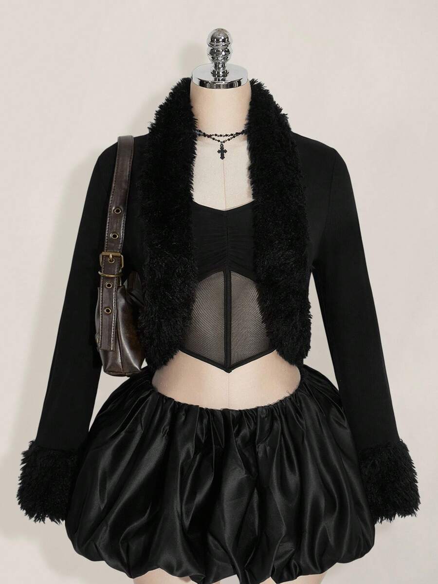 SHEIN ICON Plus Size Solid Fuzzy Trim Open Front Crop Fall Clothes Women Jacket/ Winter - Black - View 1