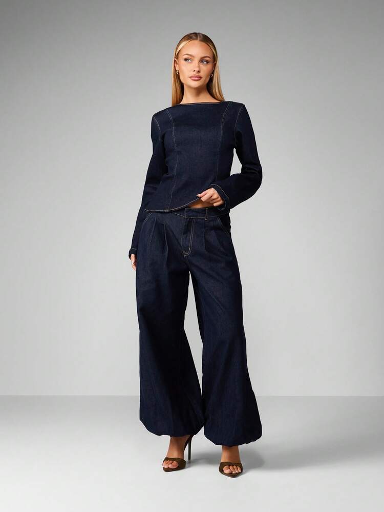 MISSGUIDED Top in denim asimmetrico e corto con zip posteriore lunga, manica lunga, pezzo di moda per l'autunno/inverno, design moderno con dettagli tagliati