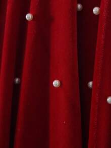 Vestido elegante de veludo com cintura elástica e manga comprida com contas, design sofisticado de pérolas, adequado para formatura, festa, Natal, versátil para meninas - Borgonha - Ver 3