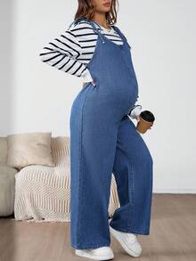 SHEIN Pregnant Fall Autumn Winter Halloween Christmas New Year Commuting Vacation Travel Old Money Style Fashionable Solid Retro Washed Women's Solid Color Knotted Strap Casual Denim Bib Pants And Blue Jumpsuit Women's Maternity Denim Overalls Adjustable Strap Wide Leg Jeans For Pregnancy Comfort
