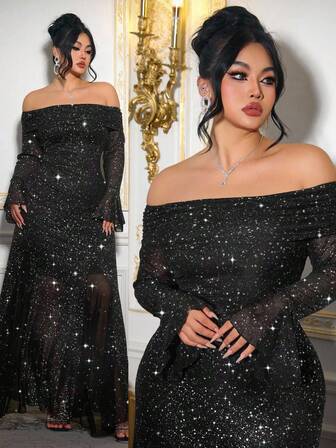 Roveilla Plusstorlek, stickad maxiklänning i folietyg med off-shoulder-mönster, långärmad och bodycon, festkläder