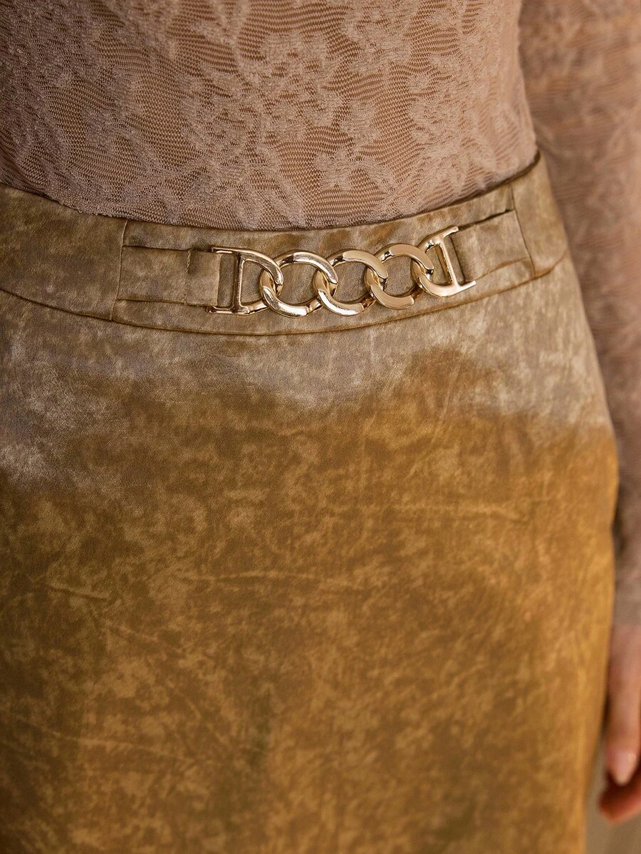 MOTF PREMIUM AUTUMN/WINTER FASHIONABLE SLIM FIT ELEGANT VERSATILE VELVET FABRIC DESIGN FRONT & MIDDLE RING BUCKLE SOPHISTICATED WOMEN SKIRT - Khaki - View 2