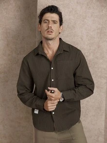 Core Aspect 2025 Autumn New Men's Casual Minimalist Brown Tree Bark Texture Long Sleeve Shirt With 3D Pockets, Suitable For Commuting - Brown - View 6