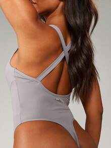 Missguided x Playboy Zip Front Bodysuit High Cut Athletic Compression Sleeveless Leotard One Piece Swimsuit Yoga Gym Activewear - Grey - View 6