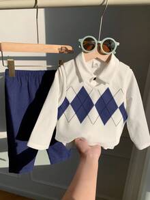 SHEIN 3pcs Baby Boy Casual Argyle Vest,White Shirt,Blue Pants Outfit,Blue And White Striped,Autumn,Casual,Matching Family,Back-To-School,Birthday,Wedding - Navy Blue - View 6