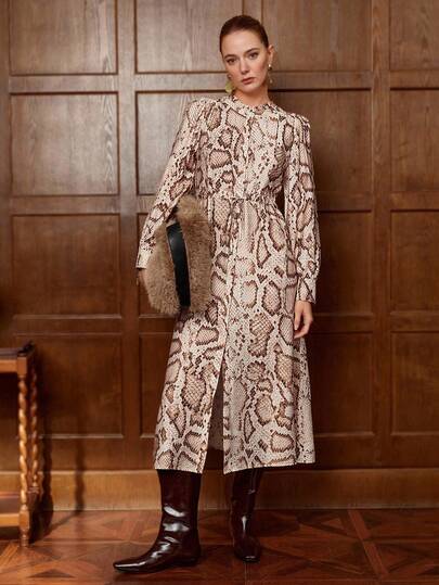 Aalyst Vestido maxi de mujer con elegante estampado floral siciliano vintage, cuello alto, parches, volantes en la cintura, cordón ajustable, apropiado para oficina, trabajo, casual, fiesta, romántico, adecuado para maestras