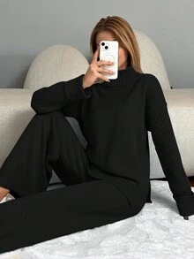 EURMUSE 2 件套女士纯色领长袖上衣和长裤休闲套装